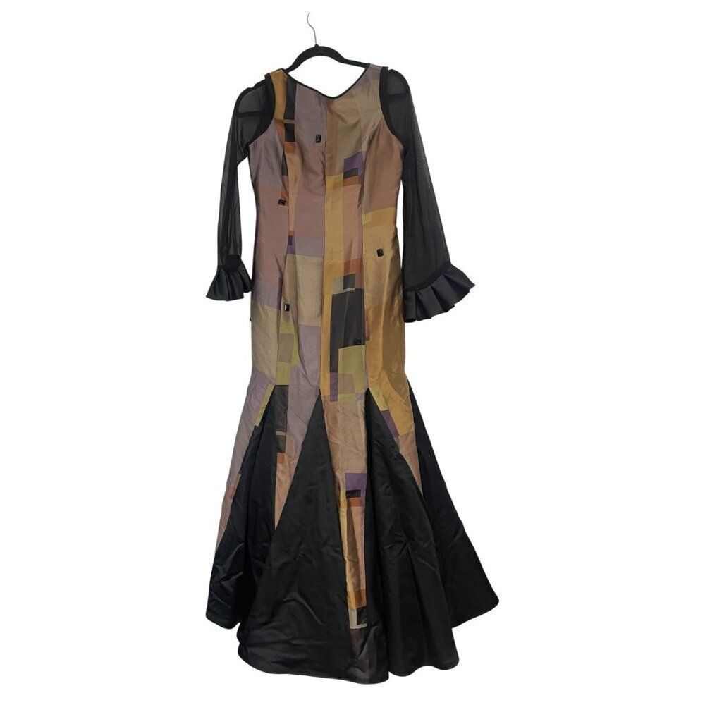 Vtg Carol Peretz Women Gown Dress Silk Italian Long Size 8 Black Multicolor